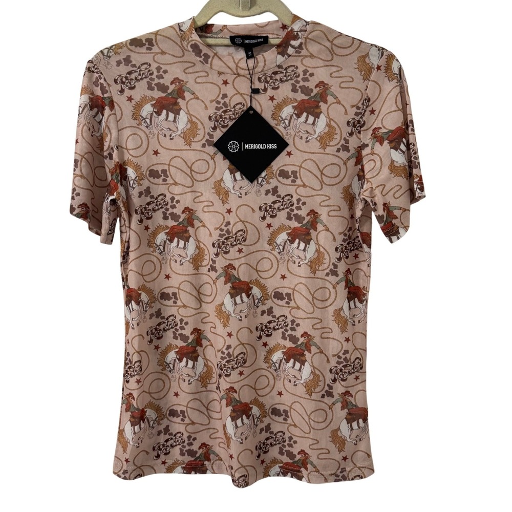 Merigold Kiss Rodeo Graphic Mesh Top Womens‎ S Tan Western Cowgirl NEW